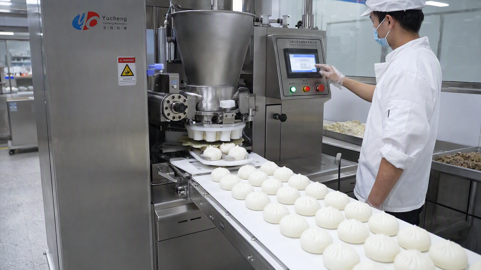Automatic Steamed Bun Machine - Commercial Baozi Production Line Automatic steamed bun forming machine producing fresh baozi on conveyor belt in commercial bakery