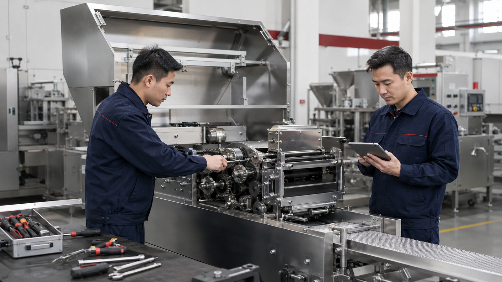 Yuerui Machinery technicians assembling food processing equipment
