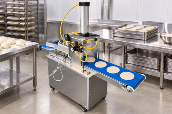 Automatic Pancake Forming Machine in a commercial processing environment Automatic Pancake Forming Machine in a commercial processing environment