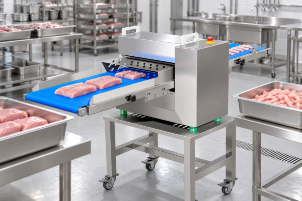 Commercial Fresh Meat Strip Cutting Machine in a commercial processing environment Commercial Fresh Meat Strip Cutting Machine in a commercial processing environment