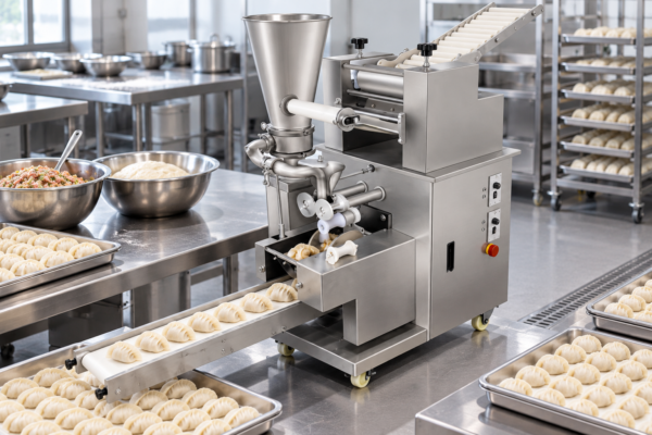 Handmade-Style Dumpling Machine in a commercial processing environment Handmade-Style Dumpling Machine in a commercial processing environment