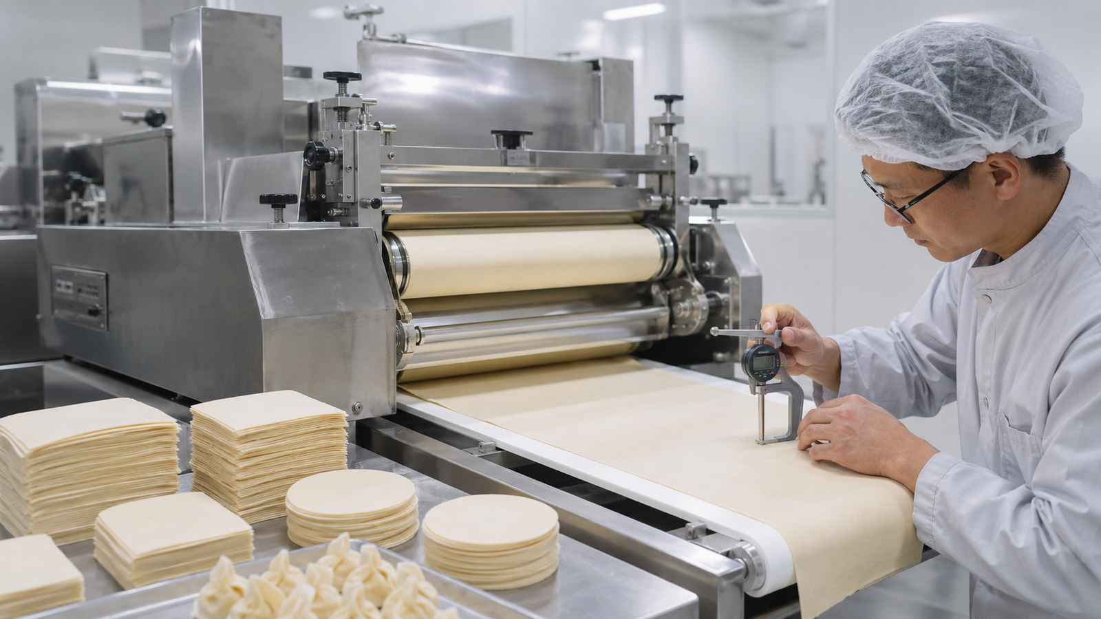 Automatic dough wrapper production line for food processing