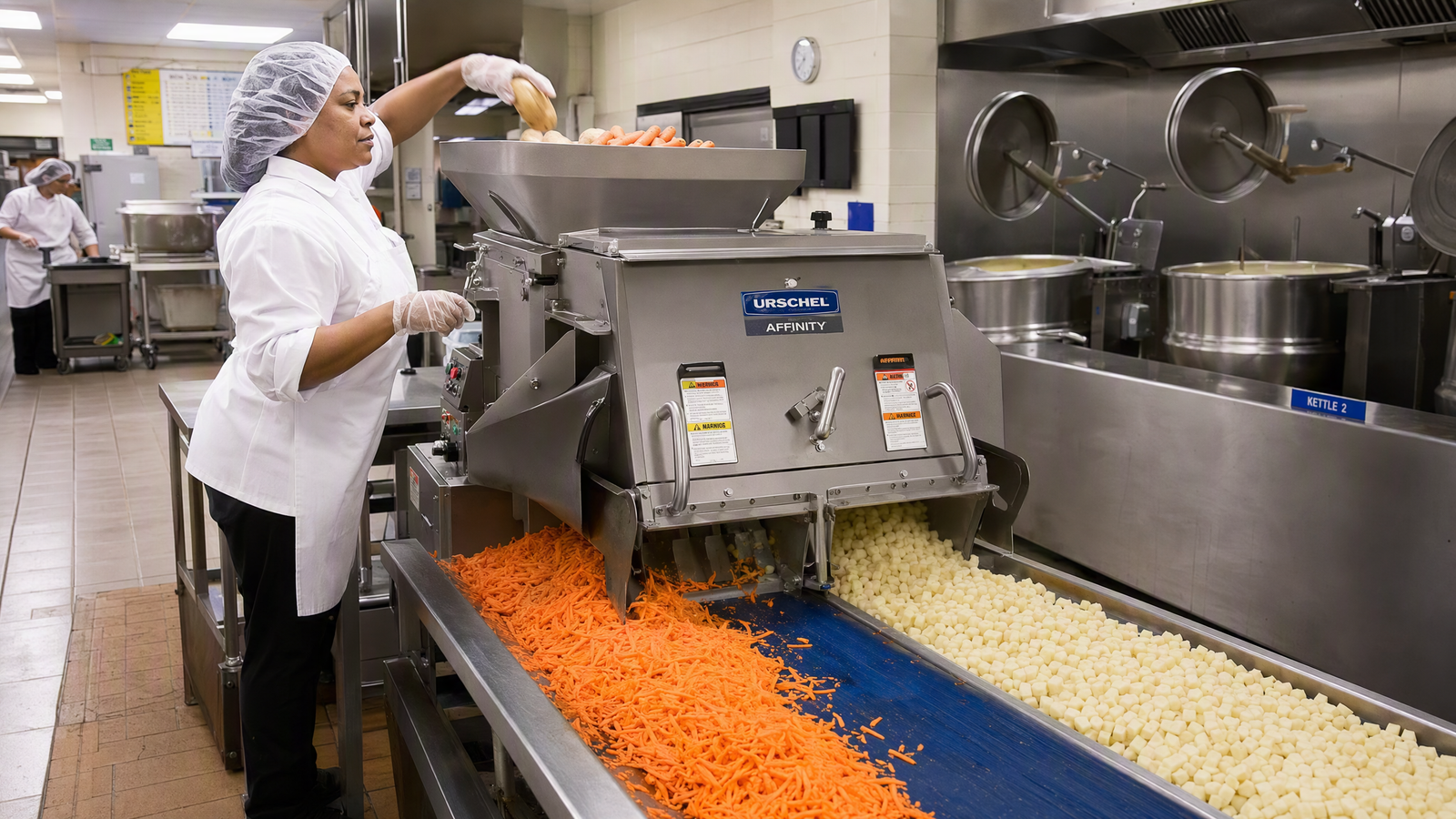 A Tokyo school foodservice operator deployed compact vegetable cutting machines